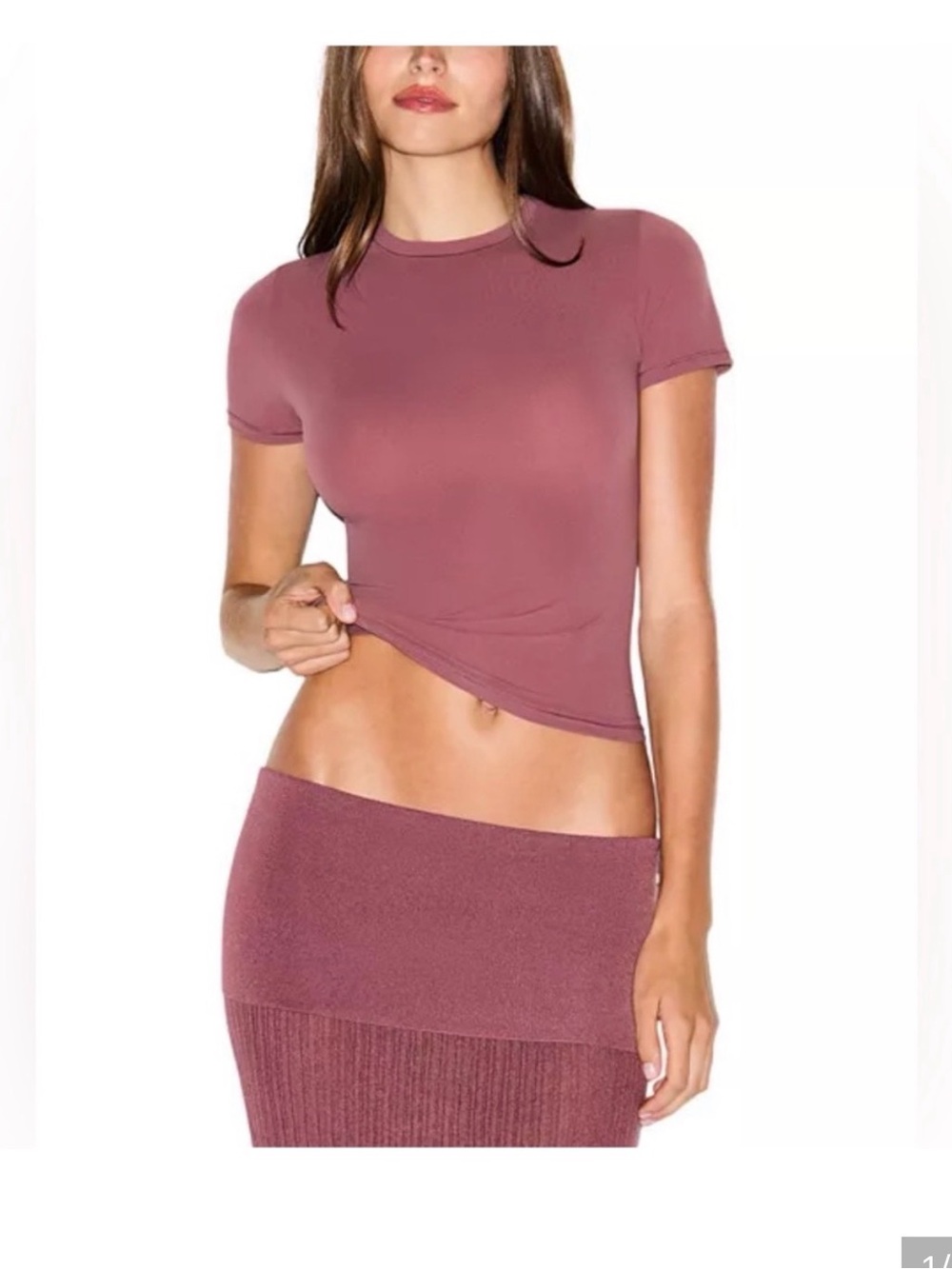 SKIMS Short Sleeve Crewneck Top in Mauve Rose